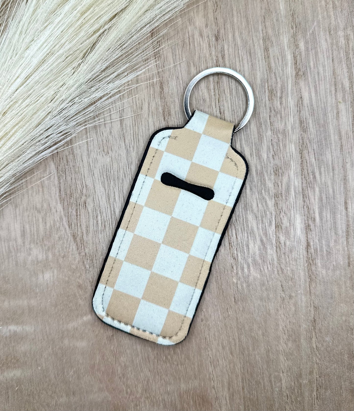 Beige Checkered Style Chapstick Holder Lip Balm Sleeve Neoprene