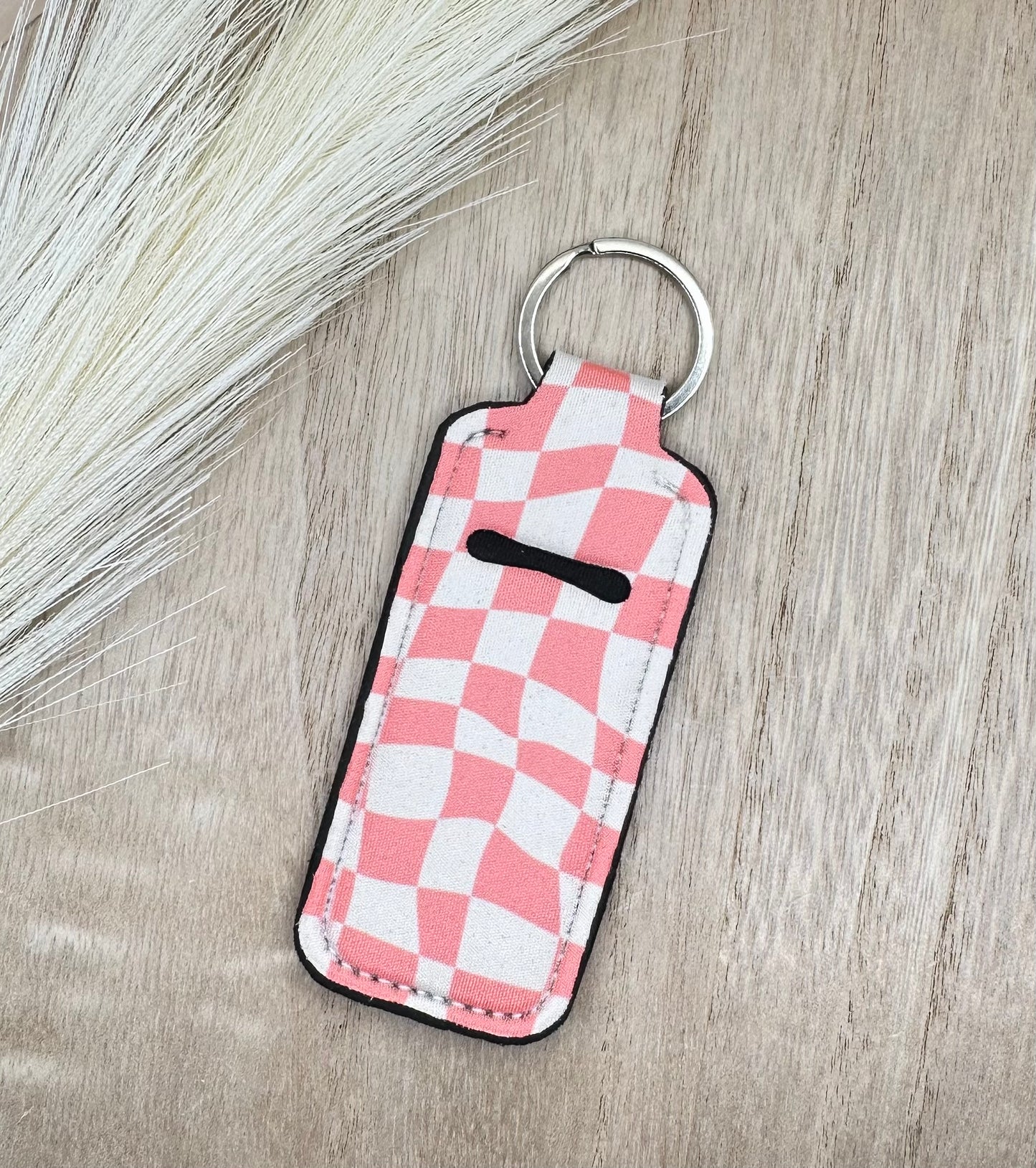 Pink Wavy Checkered Style Chapstick Holder Lip Balm Sleeve Neoprene