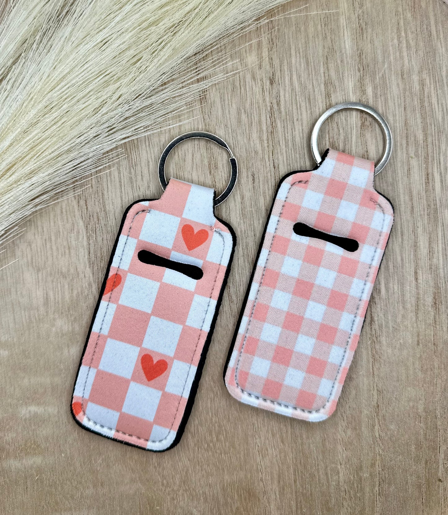 Gingham Checkered Pink Style Chapstick Holder Lip Balm Sleeve Neoprene