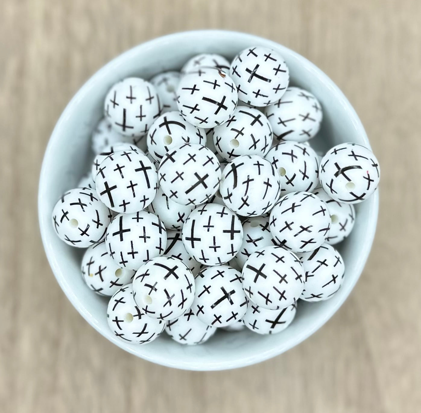 Cross Jesus Black and White 15mm Round Printed Silicone Beads