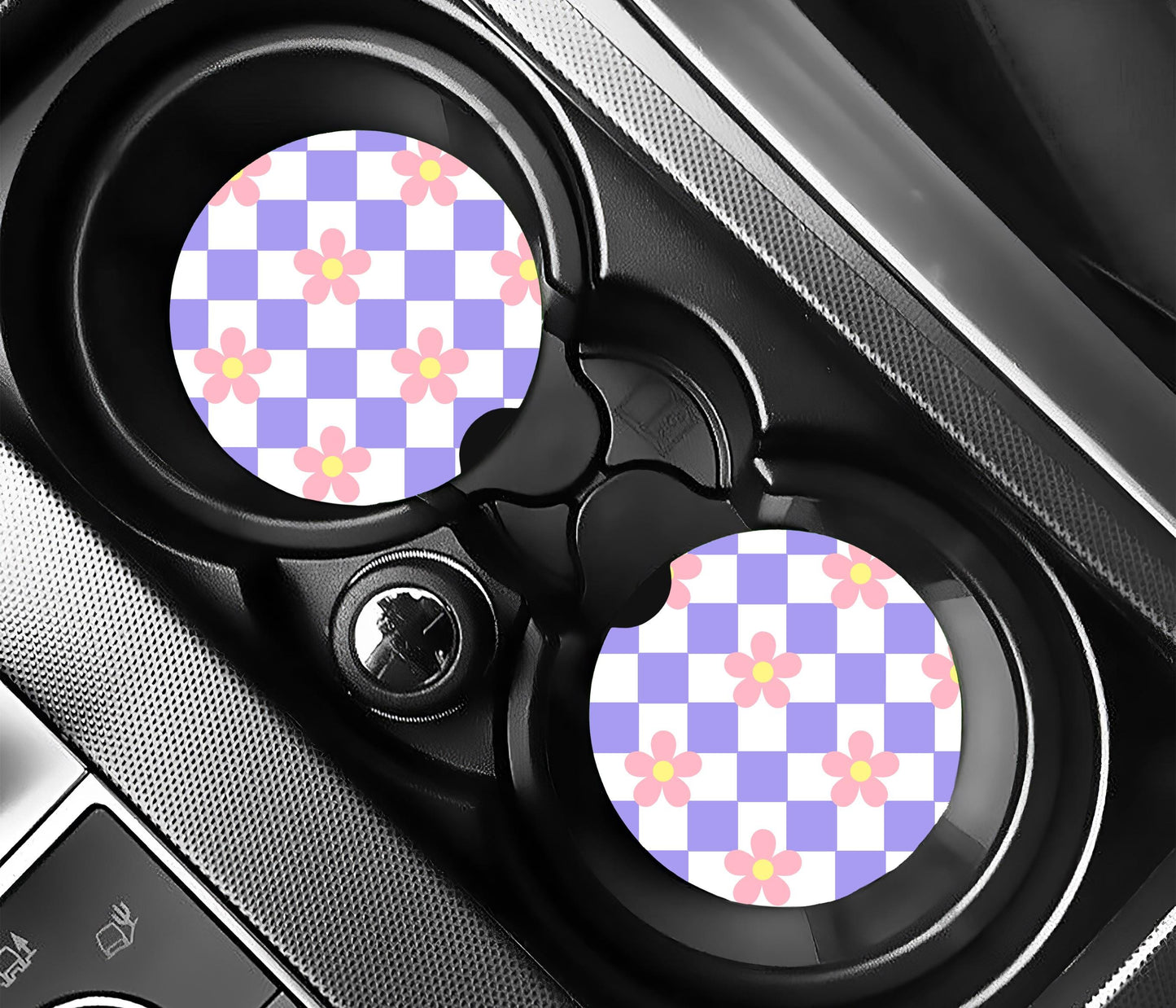 Purple Checkered with Flowers Car Coasters, Neoprene Car Coasters