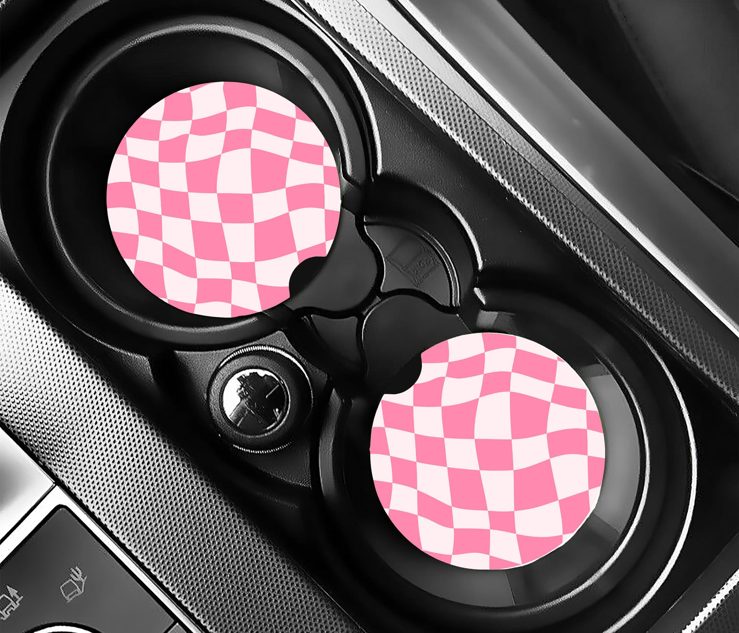 Wavy Pink Checkered Car Coasters, Neoprene Car Coasters