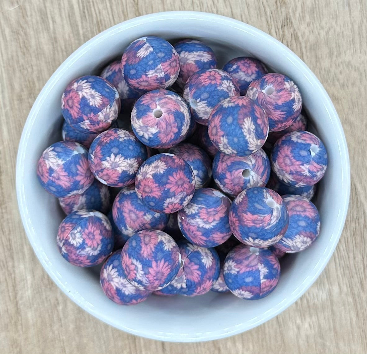 Navy and Purple Flowers 15mm Round Printed Silicone Beads