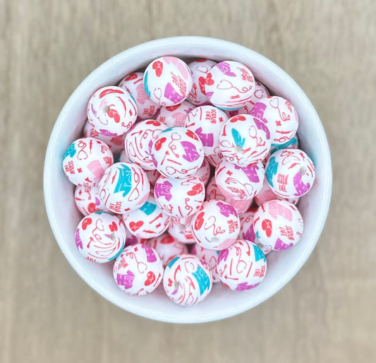 Colorful Healthcare Nurse Doctor CNA Round 15mm Printed Silicone Beads