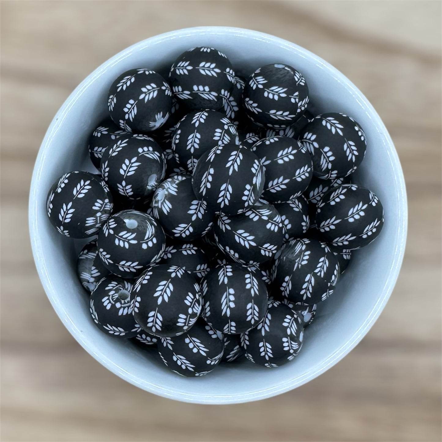 Black Floral Leaves Round Printed Silicone Beads