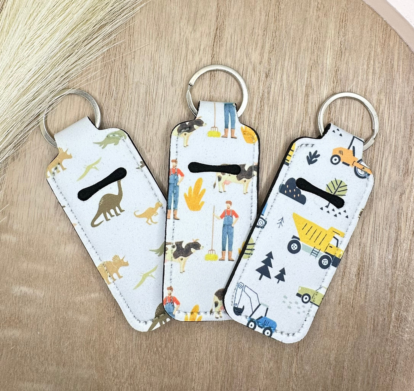Boys Farmer Dinosaurs Construction Style Chapstick Holder Lip Balm Sleeve Neoprene