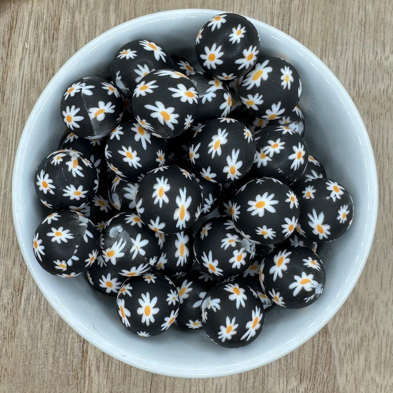 Black Daisy Round Printed Silicone Beads