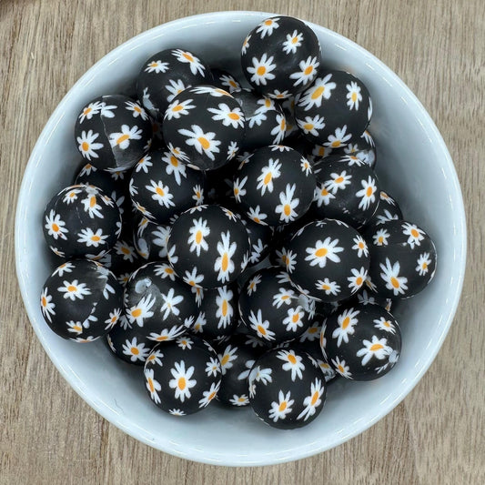 Black Daisy Round Printed Silicone Beads