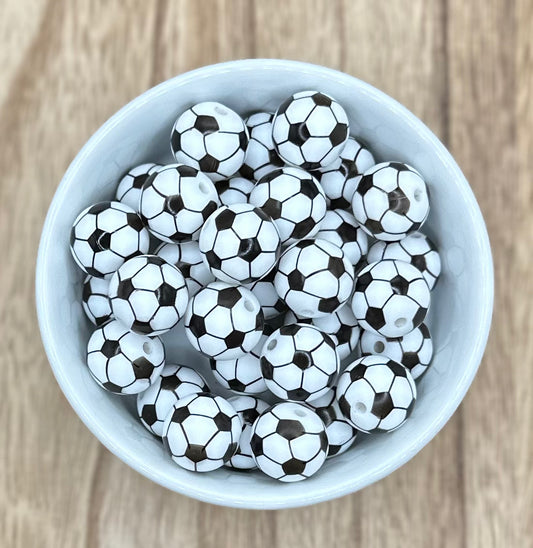 Soccer Ball 15mm Round Printed Silicone Beads