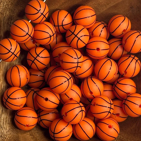 Basketball Sport 15mm Round Printed Silicone Beads