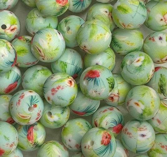 Tropical Print 15mm Round Printed Silicone Beads