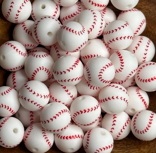 Baseball 15mm Round Printed Silicone Beads