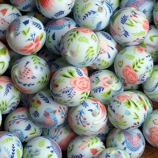 Whimsical Floral 15mm Round Printed Silicone Beads