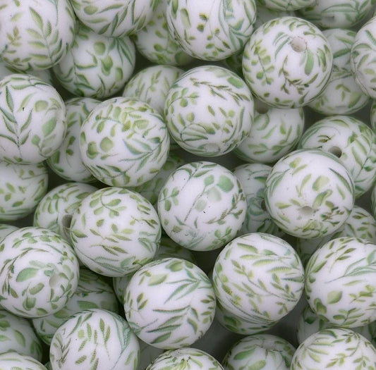 Dainty Leaves Round Printed Silicone Beads