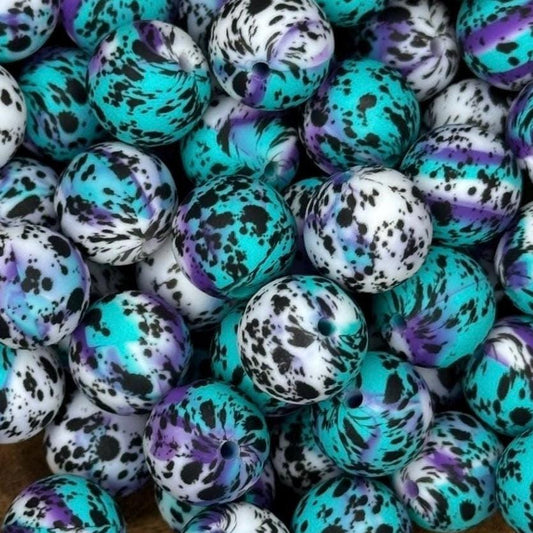 White Teal Purple Splatter Print 15mm Round Printed Silicone Beads