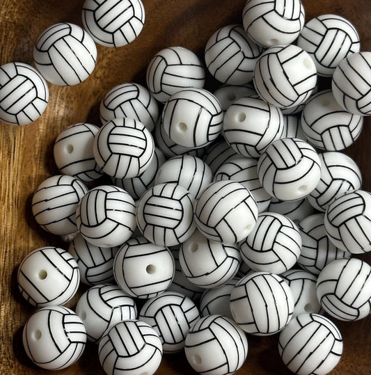 Volleyball 15mm Round Printed Silicone Beads