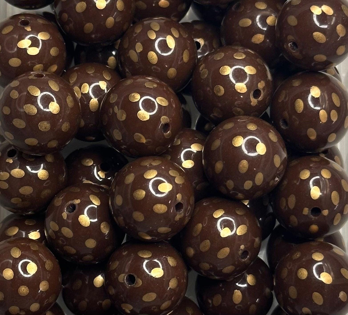 Brown with Gold Polka Dots 20mm Round Printed Acrylic Beads