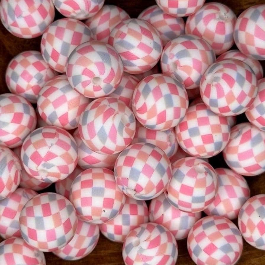 Pinky Checkered 15mm Round Printed Silicone Beads