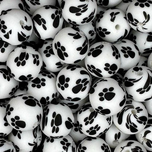 Paw Prints 15mm Round Printed Silicone Beads