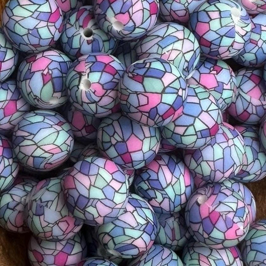 Stained Glass 15mm Round Printed Silicone Beads