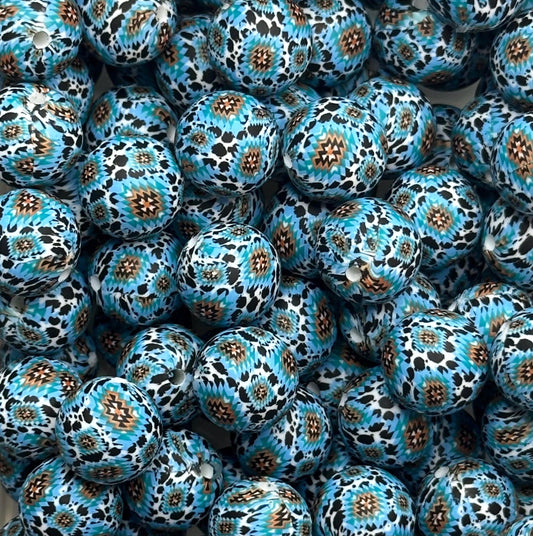 Aztec Blue Cow Print 15mm Round Printed Silicone Beads