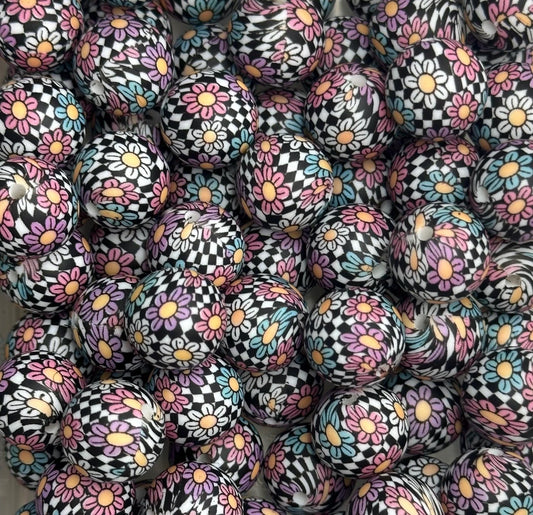 Checkered Floral 15mm Round Printed Silicone Beads