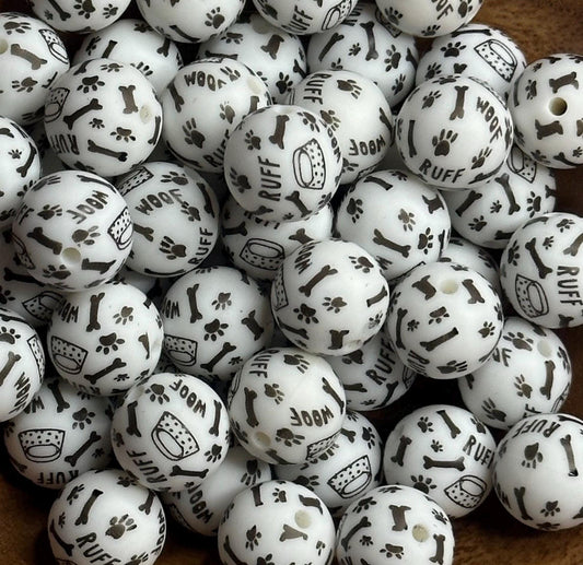 Woof Dog Pattern 15mm Round Printed Silicone Beads