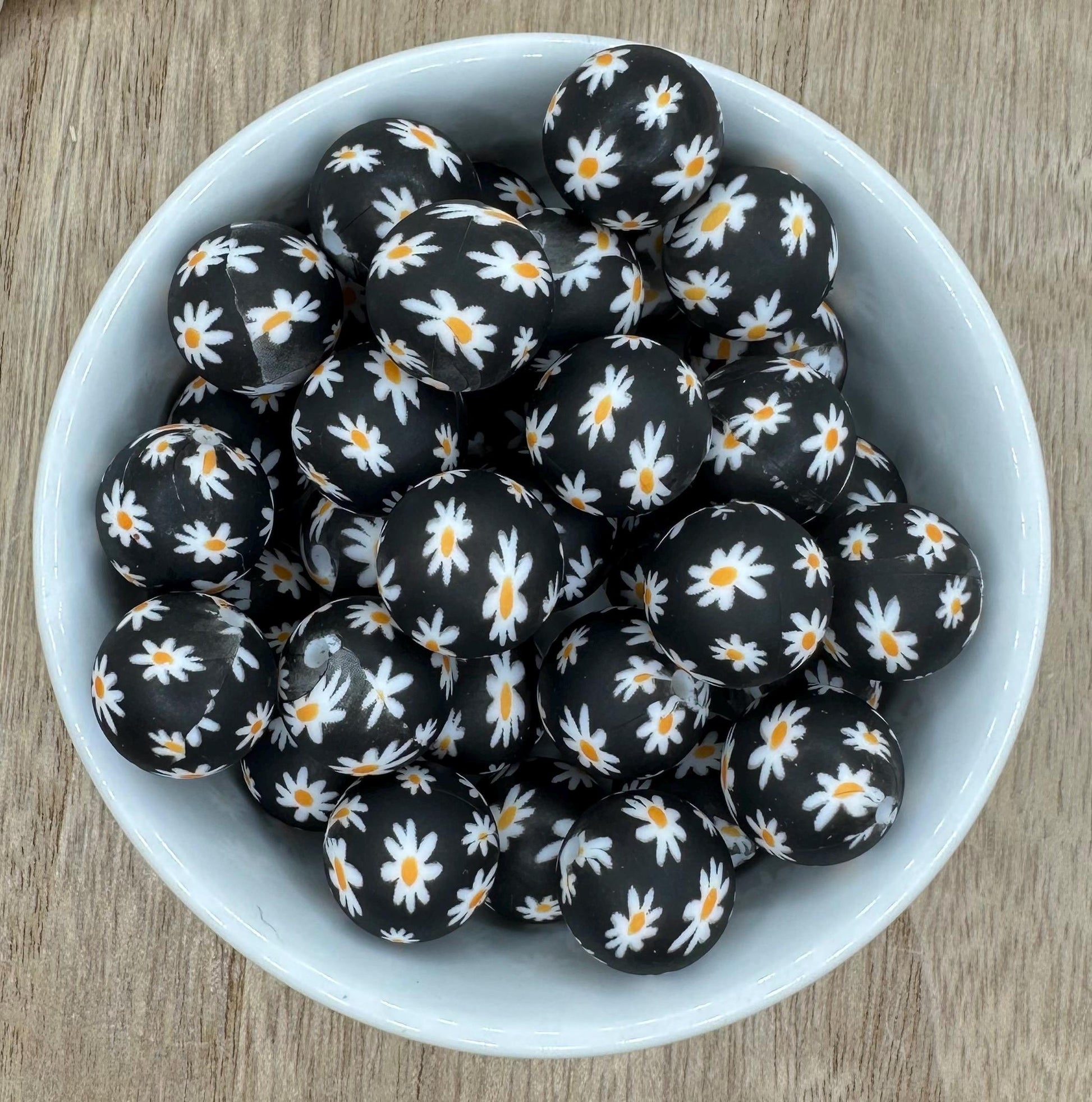 Black Daisy Round Printed Silicone Beads