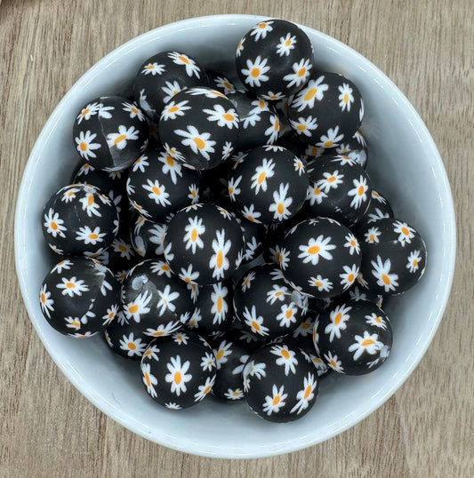Black Daisy Round Printed Silicone Beads