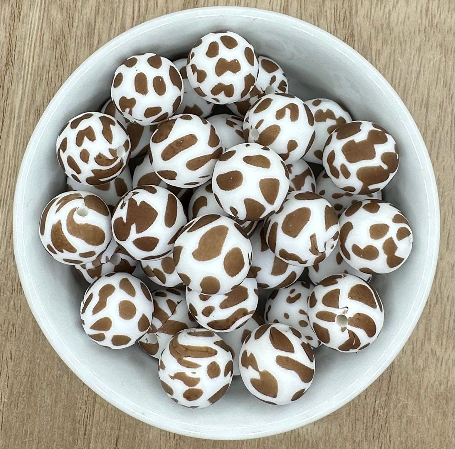 Brown Cow Print Round Printed Silicone Beads