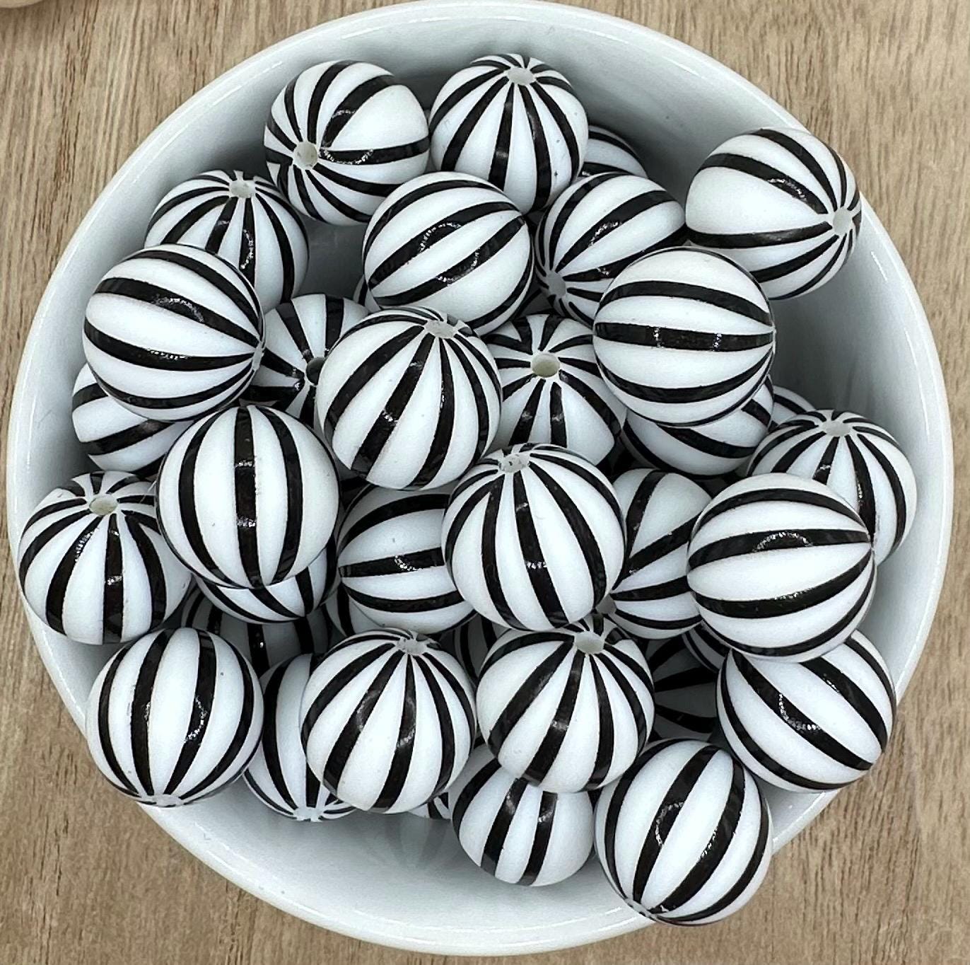 White with Black Stripes Print Round Printed Silicone Beads