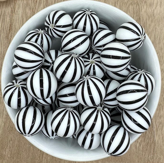 White with Black Stripes Print Round Printed Silicone Beads