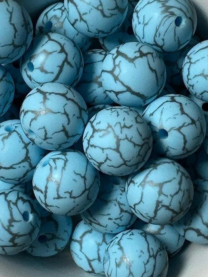 Baby Blue Cracked 15mm Round Printed Silicone Beads