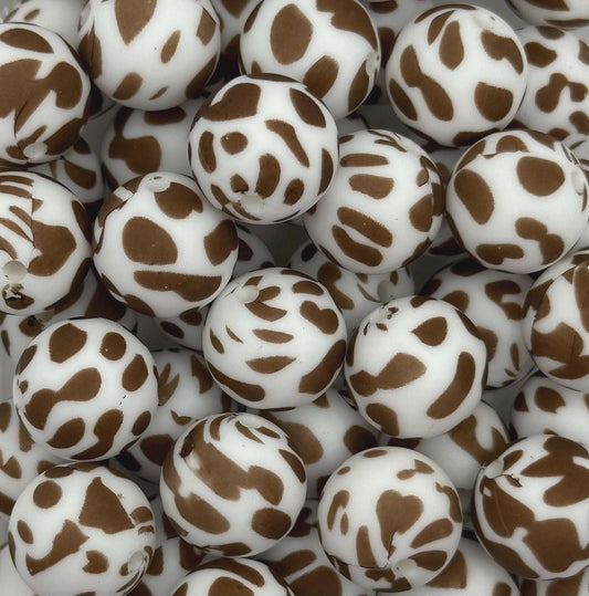 Brown Cow Print Round Printed Silicone Beads