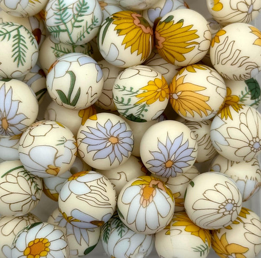 Bed of Daisies 15mm Round Printed Silicone Beads
