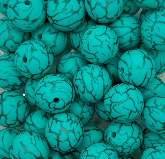 Turquoise Teal Cracked 15mm Round Printed Silicone Beads