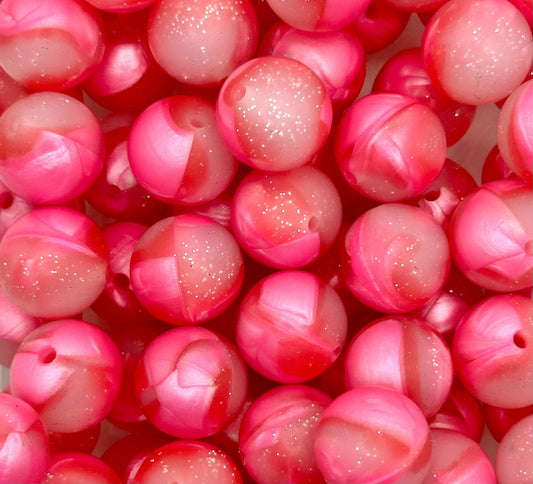 Pink Rose Petals and Glitter Round Silicone Beads