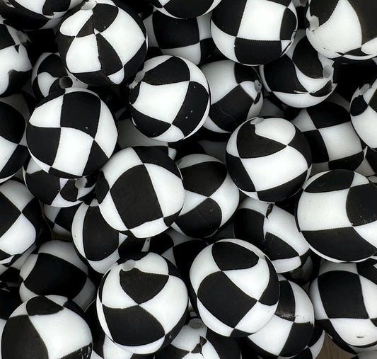 Checkered Black and White 15mm Round Printed Silicone Beads