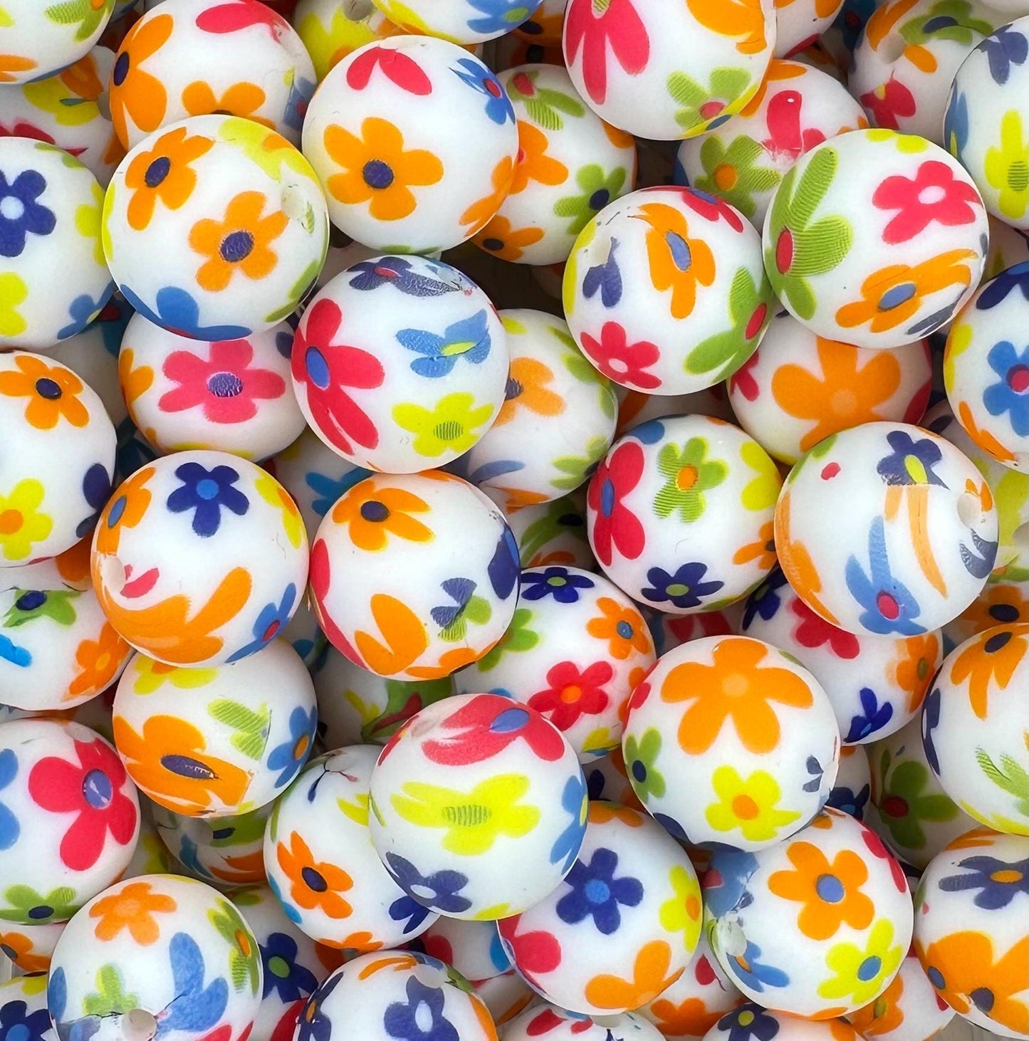Flower Power 15mm Round Printed Silicone Beads