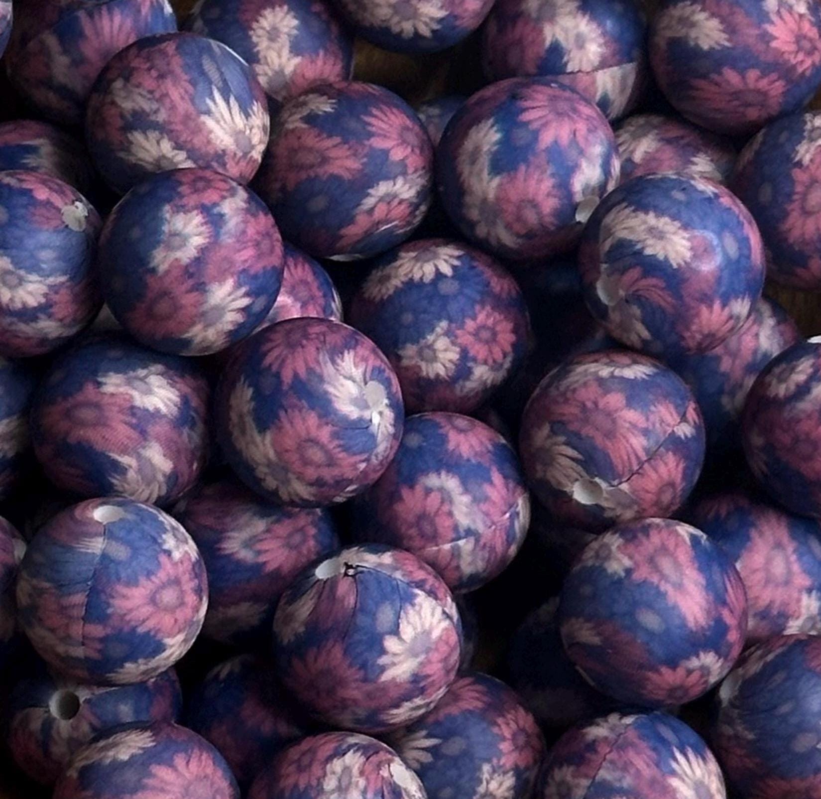 Navy and Purple Flowers 15mm Round Printed Silicone Beads **Discontinuing**