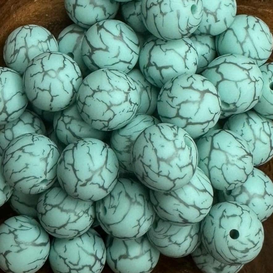 Mint Cracked 15mm Round Printed Silicone Beads