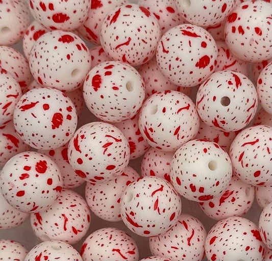 Red Spatter Splat Round Printed Silicone Beads