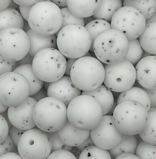 White with Speckles Round Printed Silicone Beads