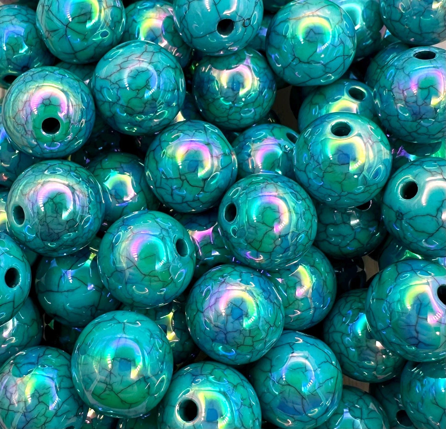 Teal Cracked 16mm Round Printed Acrylic Beads