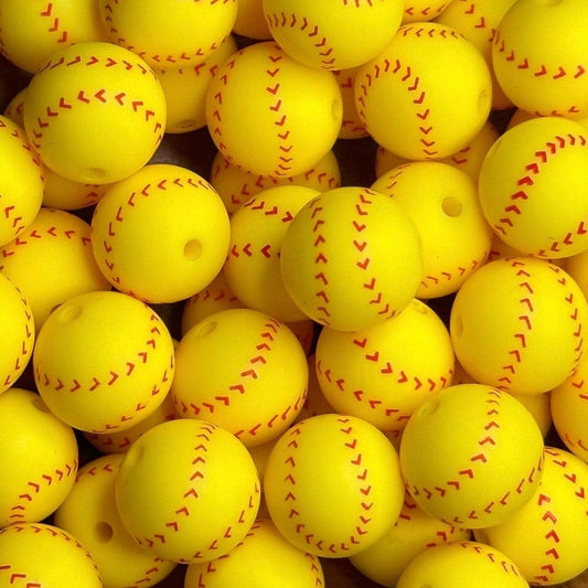 Softball Sport 15mm Round Printed Silicone Beads