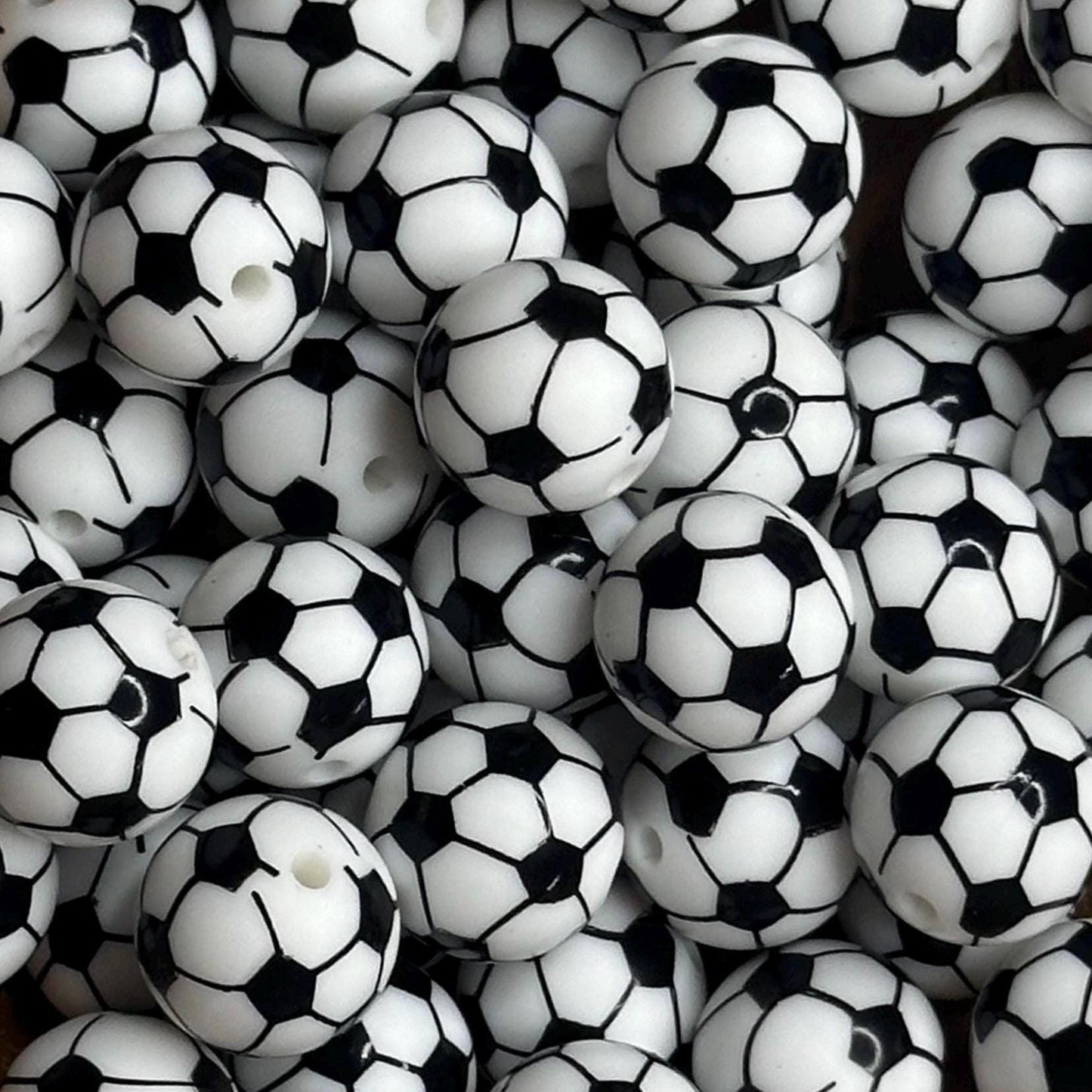 Soccer Ball 15mm Round Printed Silicone Beads