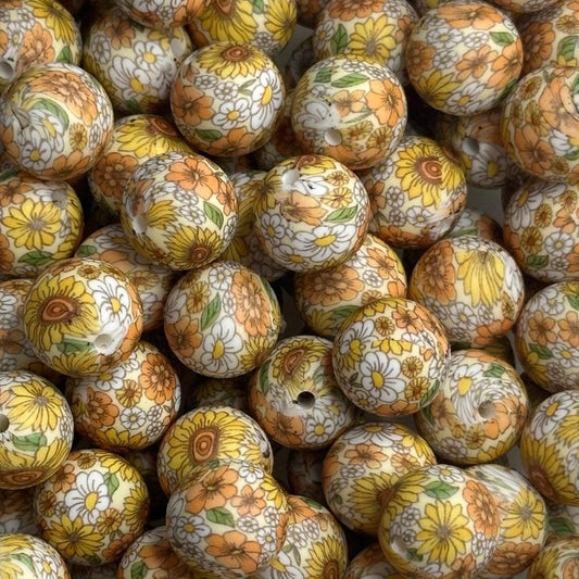 Yellow Rustic Floral 15mm Round Printed Silicone Beads