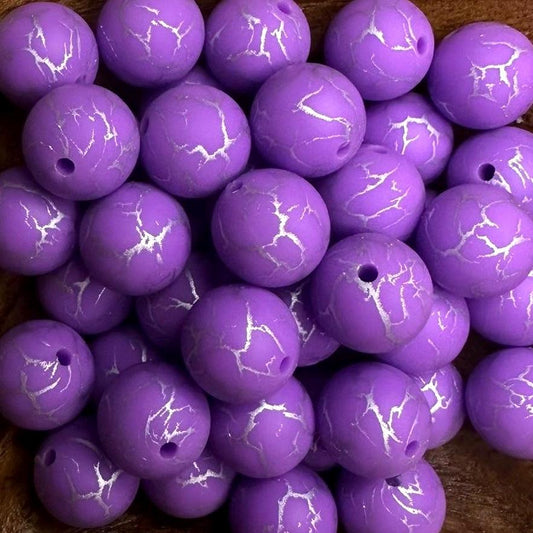 Cracked Purple 15mm Round Printed Silicone Beads