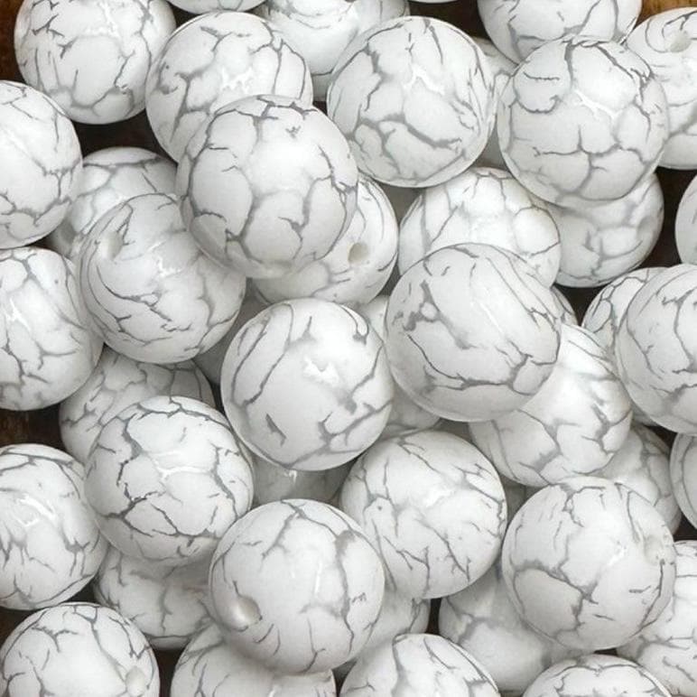 Cracked White 15mm Round Printed Silicone Beads