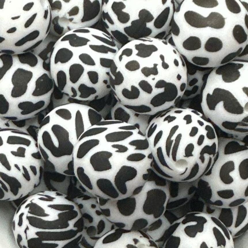 Black Cow Print 15mm Round Printed Silicone Beads